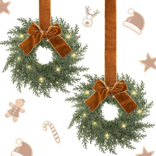2 peças de guirlandas de Natal artificiais de pinheiro Norfolk de 23 cm com laço de veludo marrom para porta, janela, armário e parede