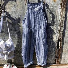 ELFINDEA Damen-Jumpsuit in Übergröße, Sommer, lässig, modisch, mit Taschen und Bindebändern, ärmellos, gestreift, blau, Größe 3X