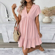 Sommerkleid für Damen, lässiges Strandkleid mit tiefem V-Ausschnitt, locker geschnittenes Minikleid mit kurzen Ärmeln und Taschen, Sommertunika