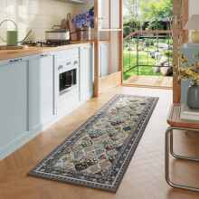 Bohemian geometric floral runner rug 2 ft x 6 ft grey