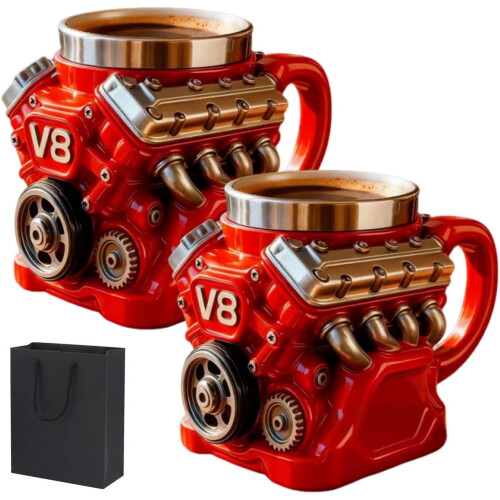 V8-motor kaffekrus rustfritt stål 3D Retro 355 ml