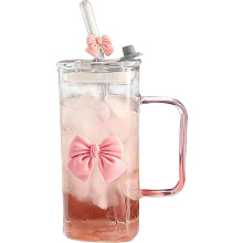 Pahar din sticlă rezistent la căldură cu capac și pai, 13 oz