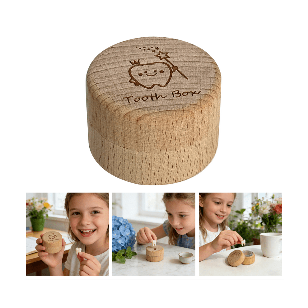 Natural Wooden Tooth Keepsake Box for Kids - Baby Teeth, Umbilical Cord & First Hair Memory Storage, Compact Lidded Memento Case - (B)