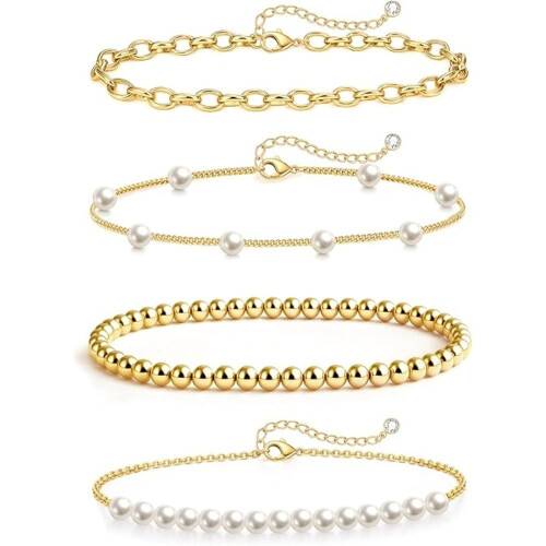 Conjunto de pulseiras femininas douradas com pérolas, ajustáveis e empilháveis.