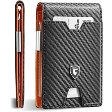 Men's Slim RFID-Blocking Leather Wallet with Money Clip, 11 Card Slots, Carbon Fiber Bifold – Carbon Orange, Gift Box
