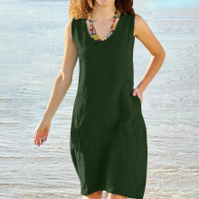 Vestido feminino de linho e algodão, cor sólida, solto, casual, respirável, macio e leve, com gola redonda e manga curta, ideal para uso diário