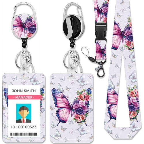 Porte-badge papillon avec cordon et fermoir, en plastique,