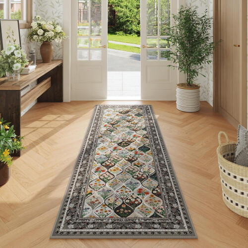 Bohemian geometric floral runner rug 2 ft x 6 ft grey 1