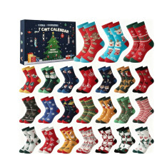 Adventskalenderstrumpor Set med 24 par runda strumpor, jultemamönster, mjuk bomullsblandning, bekväm passform, blandade designer,