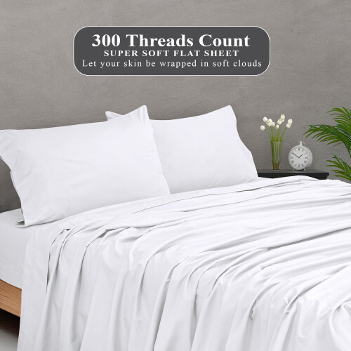 Drap plat Queen 100 % percale de coton peigné 300 fils/cm² Blanc 1