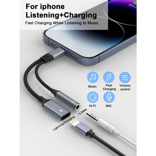 Προσαρμογέας και διαχωριστής Lightning σε 3,5 χιλ. 2 σε 1, Hi-Fi Audio + Γρήγορη φόρτιση, 1