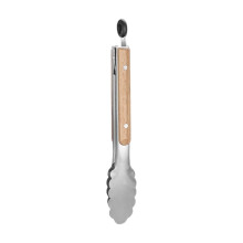 Pince de cuisine en acier inoxydable avec poignée en bois verrouillable, idéale pour la cuisson, les grillades et le barbecue. Résistante à la