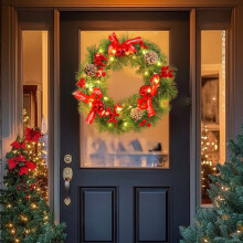 Christmas door wreath with red berries and pine cones 12