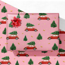 Red Car Christmas Wrapping Paper for Kids & Adults – Pink Holiday Gift Wrap with Trees & Cars, 4 Sheets (28x40"), Easy Storage