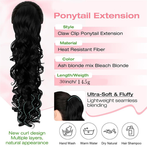 Extensão de cabelo rabo de cavalo com presilha, cacheado e ondulado, 60 cm (24 polegadas) 2