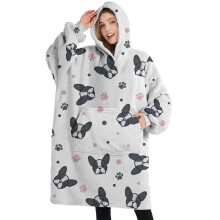 Oversized Wearable Blanket Hoodie,French Bulldog Sherpa Blanket Hoodie with Super Pockets,Super Warm Fuzzy Pullover for Women & Men