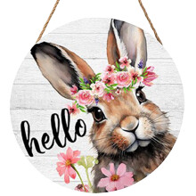 Plaque décorative ronde en bois avec motif floral et lapin, inscription « Hello », style rustique, pour la maison ou une porte. Décoration