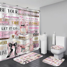 Ensemble de salle de bain rose à motifs floraux avec rideau de douche, tapis antidérapant,
