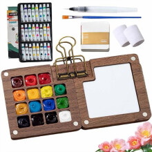 Tobio Mini Watercolor Kit with Picture Book & Wrist Towels, 12/24 Colors, Walnut-15 Grids – Compatible with Tobio