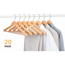 Klädgalgar i massivt trä (15 tum), 20-pack, halkfri byxstång, naturlig finish, flisfri — Kompatibel med vanliga garderober