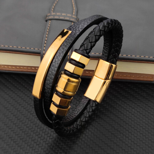 Schwarzes Lederarmband mit Edelstahlverschluss 1