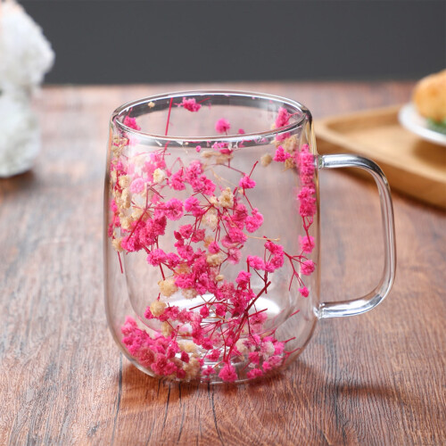 Doppelwandiger Glasbecher mit Henkel, 450 ml, Blumenmuster 1