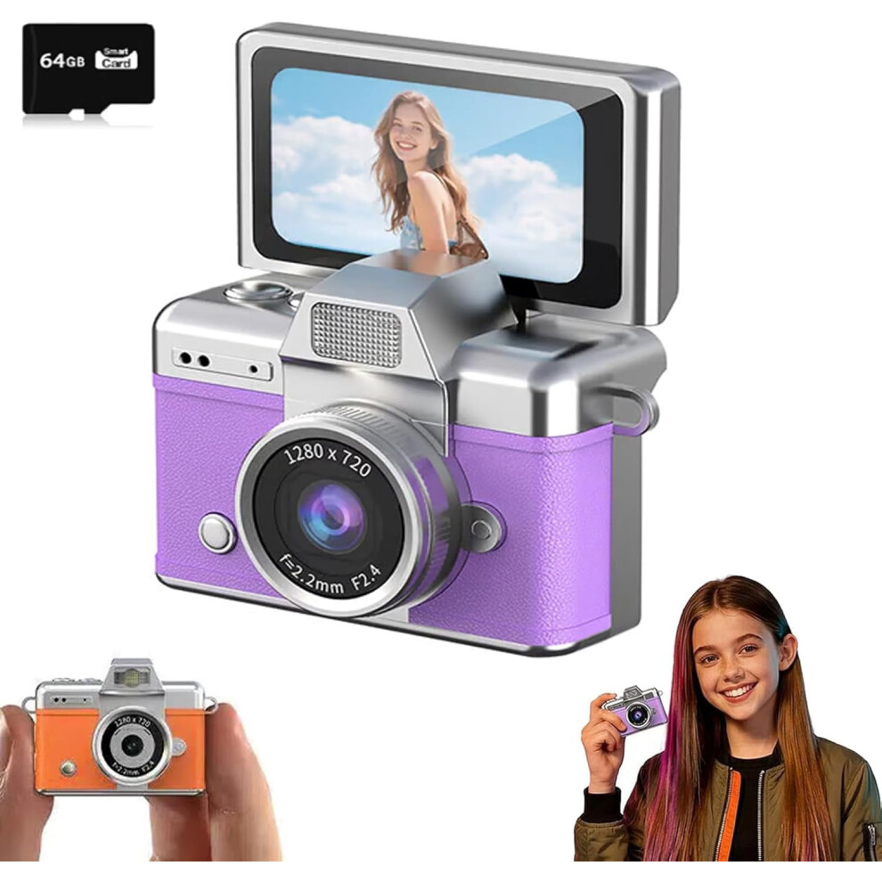 Mini Digital Camera 1.47" Lcd, 1080P Flip Screen, Built-In Flash, Keychain Design, 64Gb Card Included (Purple) Purple 9425574197399