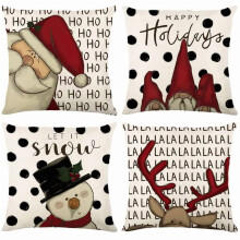 Set di 4 federe natalizie con fiocchi di neve e renne, in lino, senza imbottitura, compatibili con cuscini standard.