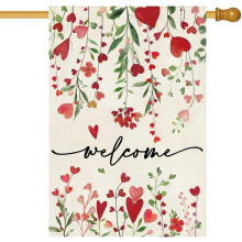 Drapeau de bienvenue pour la Saint-Valentin, 71 x 102 cm, double face, motif floral cœur rouge, décoration de jardin pour pelouse et maison de