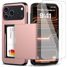iPhone17Pro plånboksfodral med korthållare + 2 härdade glasskydd – smalt, stötsäkert, dolt fack (roséguld, 6,3 tum)