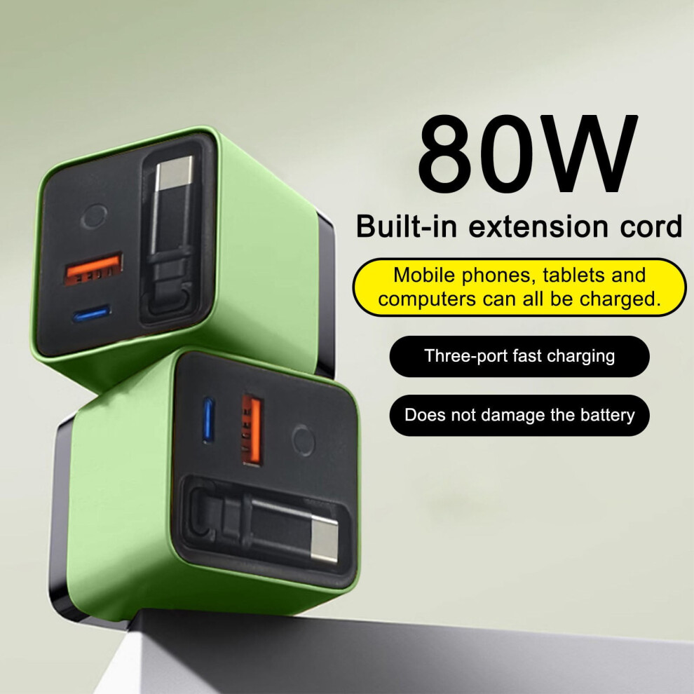 3-In-1 Retractable Phone Charger Â 80W Wall Plug With Usb-C Cable, Dual Usb Ports, Compatible With Phone & Laptop 9425574208828