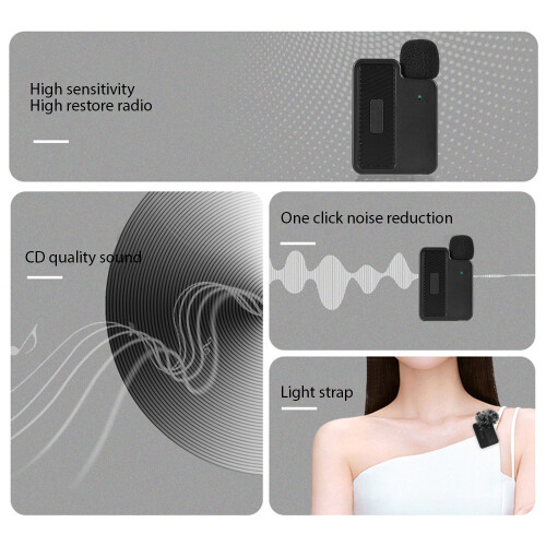 Microfono Lavalier Wireless 30m, 16Bit 48KHz, Plug Type-C, Batteria 12H 1