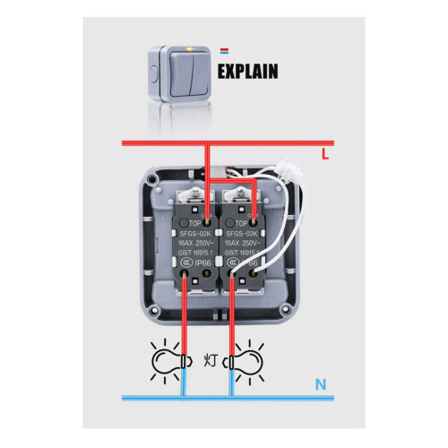 2X IP66 Wall Electrical  220V Light Waterproof  Off Security Button with Fixation Night in the Pc Power(B) 1