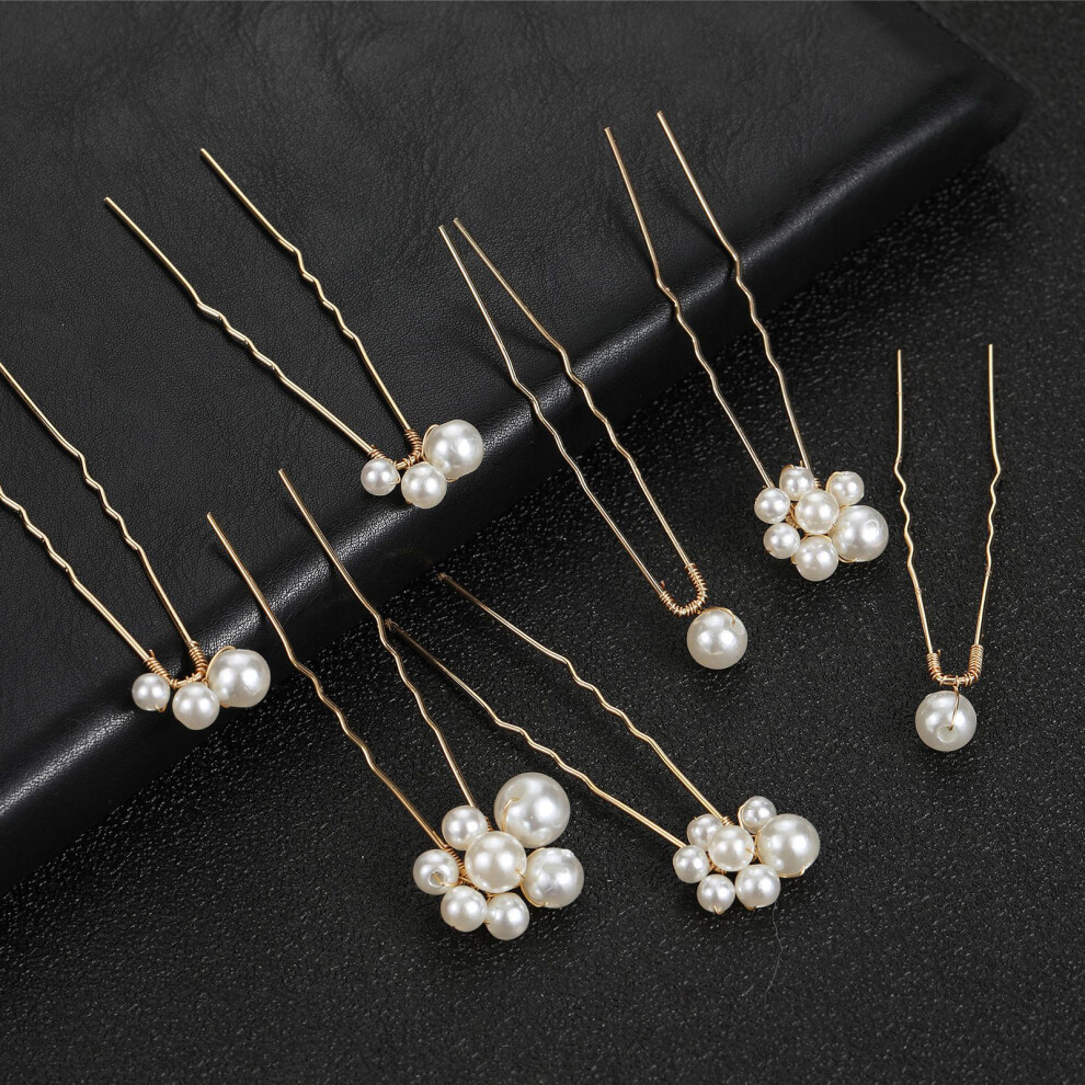 Roc-Electron (Gold) 7Pcs Pearl U-Shape Hairpins For Women Party Hairstyle