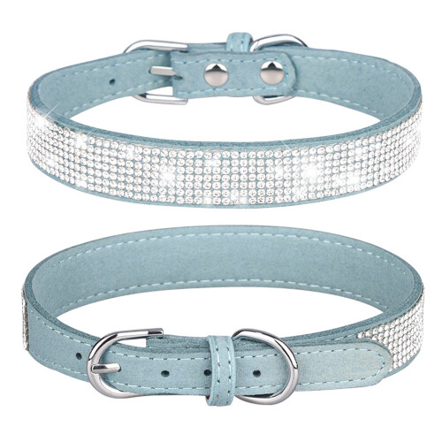 (Light Blue, L) Reflective Rhinestone Dog Collar, Durable Pet Leash