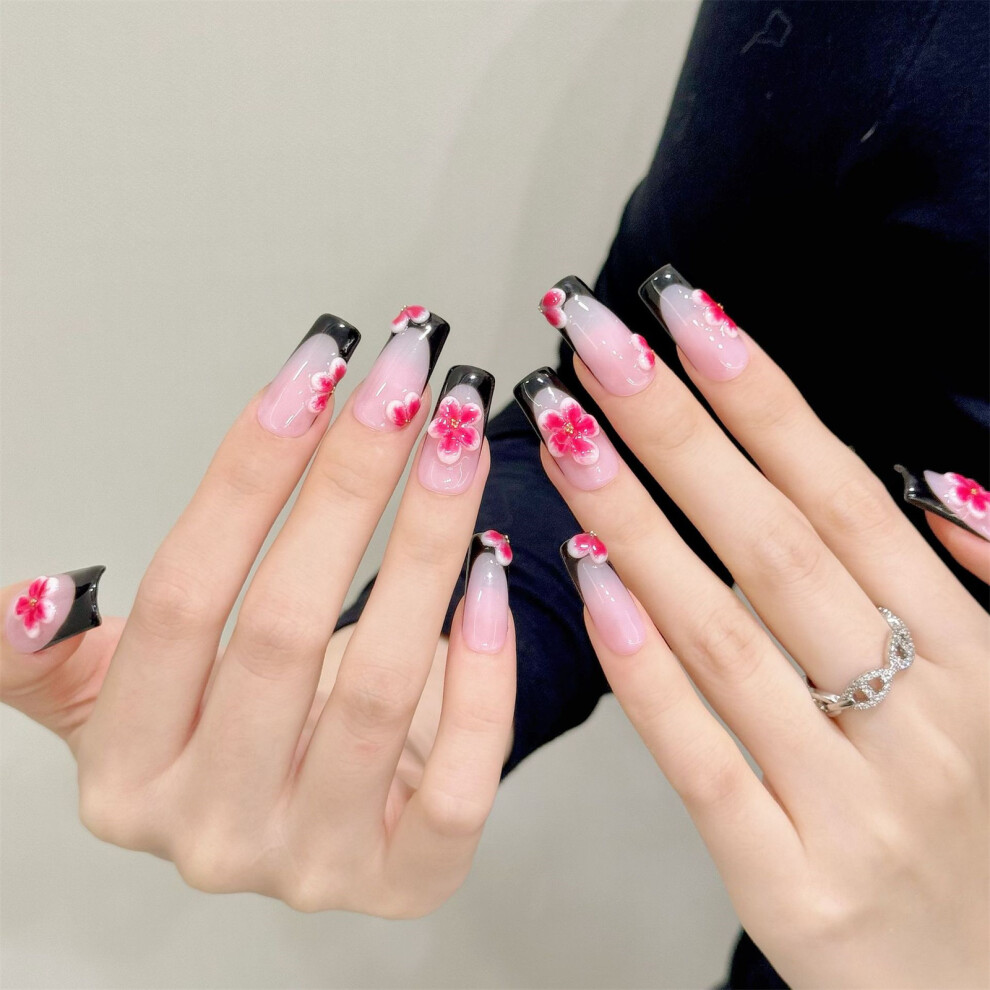 Dachuang Beauty (L) 10Pcs Pink False Nails With Black French Tip