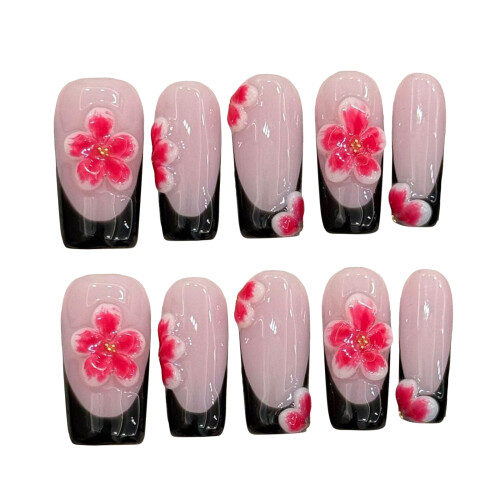 (L) 10PCS Pink False Nails with Black French Tip 1