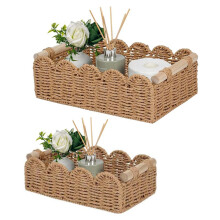 2Pcs Scalloped Paper Rope Basket - Neutral Woven Storage Decor for Home, Bathroom over Toilet Shelf
