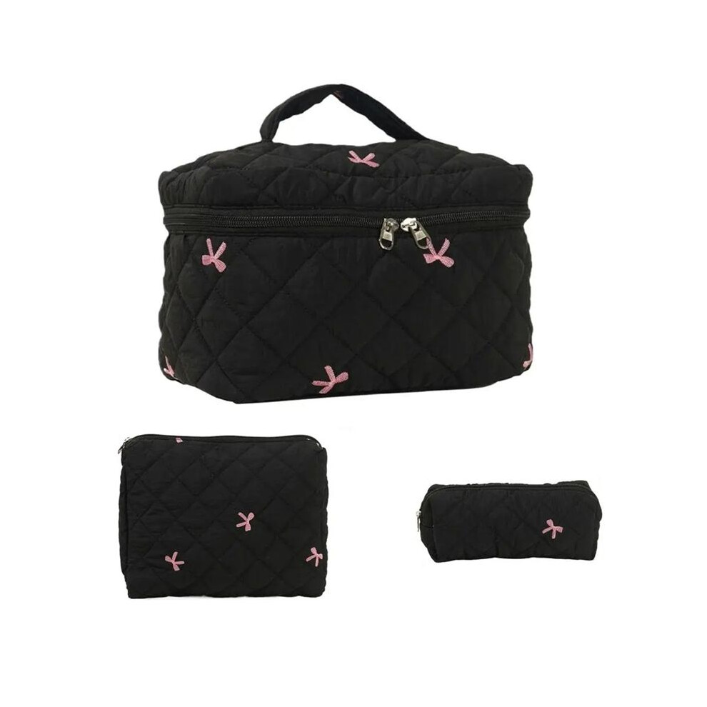 Tlily Quilted Makeup Bag 3Pcs Large Capacity Toiletry Pouch Set Portable Cosmetic Zipper Tote Bag For Travel Organizer