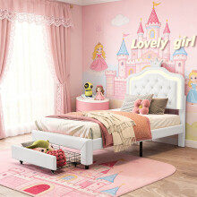 (3ft Single, White) PU Kids Bed with Bedside Lamp & Drawers