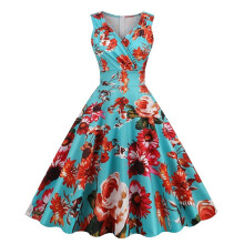 (peacock blue, M) Women Audrey Inspired Vintage Floral Dress 1950s Retro A-Line Swing Dress Elegant Tea Party Midi Dress