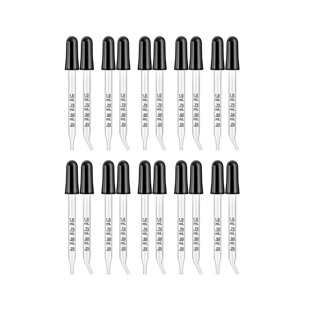 Exogio 20 Pack Glass Eye Droppers - Curved And Straight Tips, 1 Ml Pipette Droppers For Crafts, Measuring And Eyedroppers