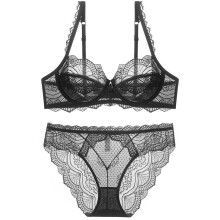 (Black, 75D) French sexy underwear, thin pure lust lace plus size underwear for women with big breasts, push-up push-up bra