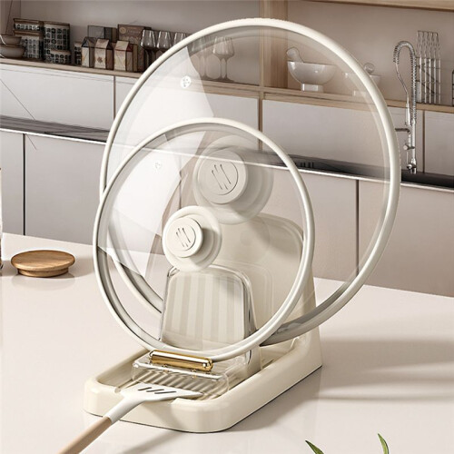 Countertop Pot Lid Holder Heavy-Duty Organizer Rack Plastic Spoon Stand Kitchen Fork Spatula Pan Cover Shelf White 1