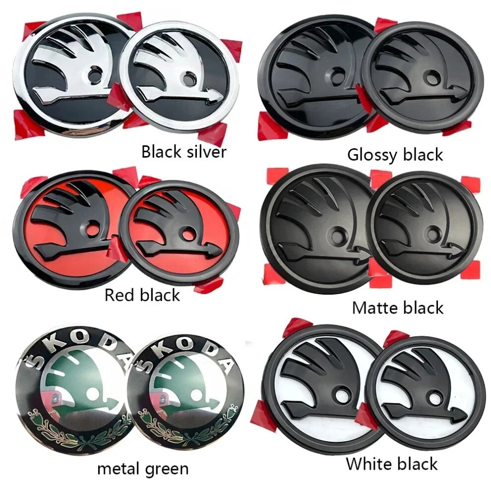 (1X80mm 1X90mm, Matte ) Pcs 80Mm/90Mm Skoda Emblem Badge For Fabia Octavia Rs Superb Rapid Yeti Black 4069369374340