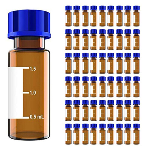 500-Pack Autosamplerflaskor, 2 Ml HPLC-Flaskor, 9-425 Lab-Bärnstensflaskor med Skrivfläckar och Graderingar, Skruvlock, Bärnsten