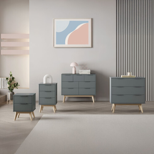 Mesita de noche de 3 cajones y patas en verde salvia y oak soft 40x65,5 cm Numa 2