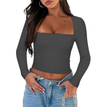 (L, Dark Gray) Women's Slim Fit Crop Tops Long Sleeve Square Neck Solid Color T-Shirt Dressy Blouses
