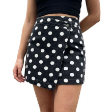 (L, Black) Women Denim Wrap Skirts Casual Summer Dot Print Mini Jeans Skirt for Beach Vacation Club Streetwear
