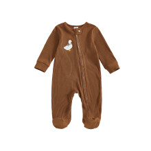 (6-12 Months, Brown) Baby Boy Romper Long Sleeve Round Neck Animal Embroidery Jumpsuit Newborn Footless Pajamas
